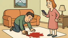 Vic: Mož polije kavo po belem tepihu